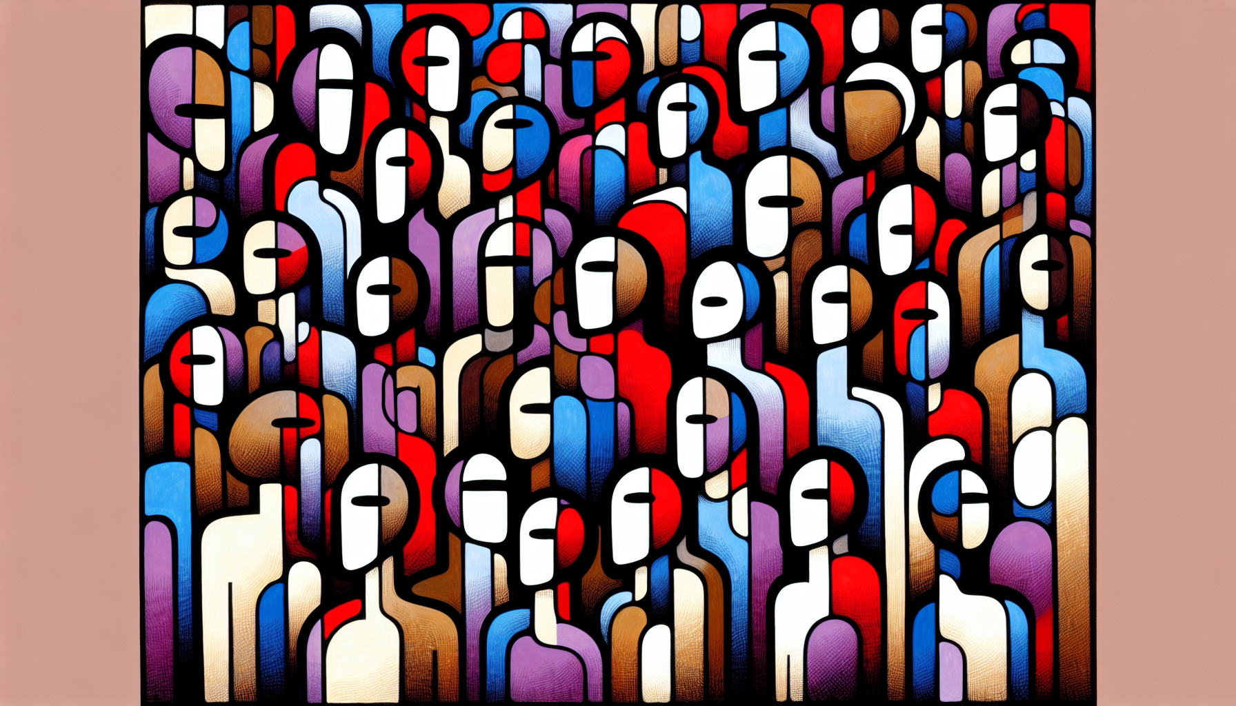 Bold, abstract figures with simplified human-like shapes fill the canvas, rendered in vibrant reds, blues, purples, and browns, outlined in black. The figures lack detailed facial features but have white spaces suggesting eyes and mouths, contributing to a crowded, colorful scene. The medium is Pen and acrylic on paper and the style is loose expressionism