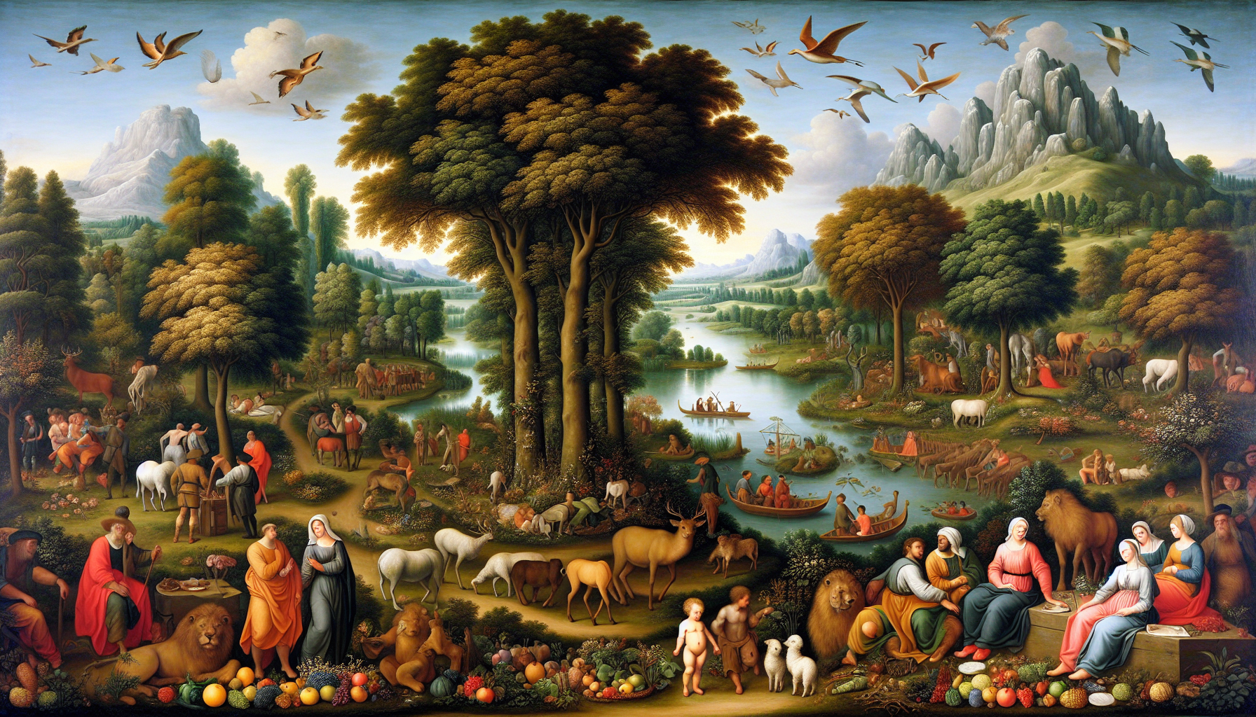 This image depicts a lush and vivid landscape filled with a variety of elements. It appears to be a painting that falls within the Western art tradition, packed with detail and allegorical content. The scene is set in a bucolic paradise where humans and animals coexist peacefully. Starting from the foreground, there are groups of people engaged in serene activities such as conversation, contemplation, and enjoyment of the surrounding nature. These individuals are dressed in classical or biblical-style garments, which indicates that the image may have a religious or mythological theme. Animals of various species, including lions, deer, horses, and sheep, are interspersed harmoniously throughout the scene. In one part of the painting, it looks like a child is interacting with a lamb while nearby an adult lion peacefully lies down with them. This could be a representation of the Biblical "peaceable kingdom," where predators and prey live together without violence, symbolizing a paradisiacal or utopian vision. The landscape includes lush trees, calm bodies of water with boats, and mountains in the background. The presence of fruit, flowers, and birds throughout the scene adds to the painting's idyllic and abundant atmosphere. Birds are depicted mid-flight, and the sky holds a few clouds, punctuating an otherwise clear blue backdrop. It's also notable that the painting's perspective draws the eye into the distance towards the mountain range, suggesting depth and a vast, Eden-like setting.