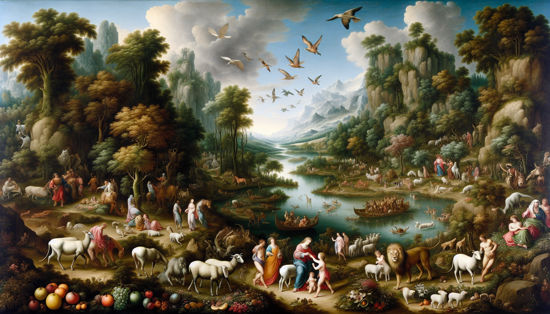 This is an image of a painting depicting a pastoral and idyllic scene that appears to be influenced by the concept of the Garden of Eden or some form of utopia. The scene is rich with diverse forms of flora and fauna. There are numerous animals peacefully coexisting, including lions, sheep, deer, leopards, cattle, and birds. The landscape features luscious trees, mountains in the distance, and a peaceful river meandering through the valley. There are also several human figures throughout the painting that are engaged in different activities such as resting, conversing, riding horses, and boating. Notably, no one seems engaged in laborious work; rather, the humans are at leisure, which accentuates the sense of harmony and tranquility. Fruit is arranged prominently in the foreground, complemented by flowers and verdure. The sky is mostly clear with a few clouds, and birds are in flight, adding to the sense of serenity and untouched nature. The style of painting, the arrangement of figures, and the attention to detail suggest that this could be a work from the Renaissance or Baroque period, aiming to depict an idealized version of nature and human existence.