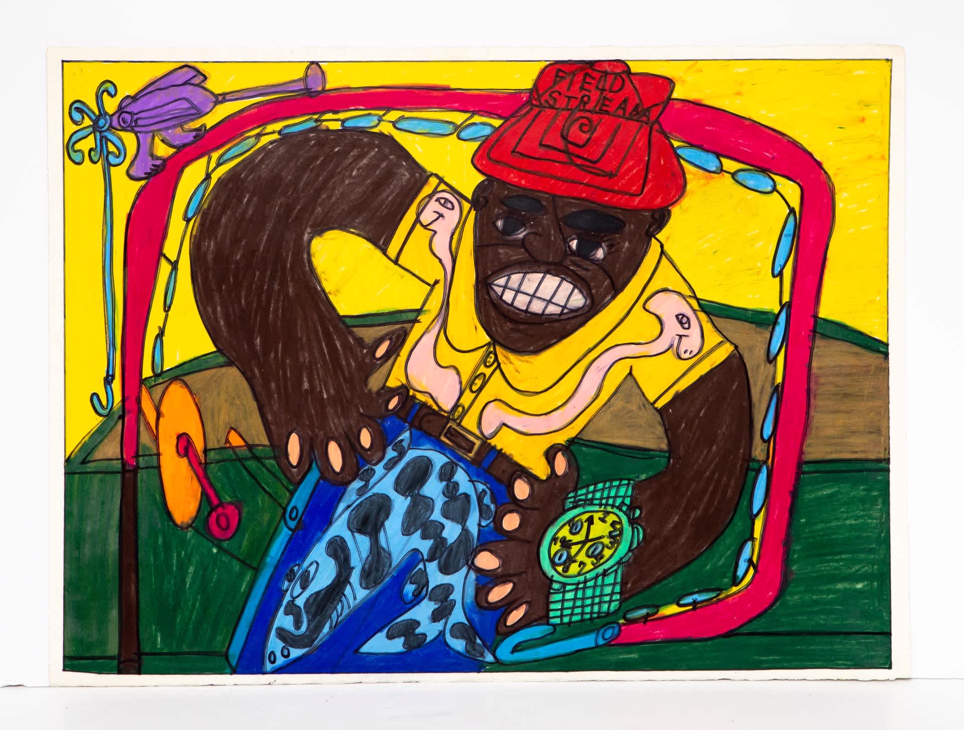 A pen and marker drawing in a loose figurative style fills a poster-sized peice of paper, oriented horizontally. A large masculine figure occupies most of the picture, wearing a red hat, patterned blue pants, and a yellow shirt decorated with two friendly snake-like creatures in the front. The figure stands in front of a green car beneath a yellow sky, and a red fishing pole bends over their head and surrounds the figure, with a hook and lure paintedin purple in the upper left of the painting.