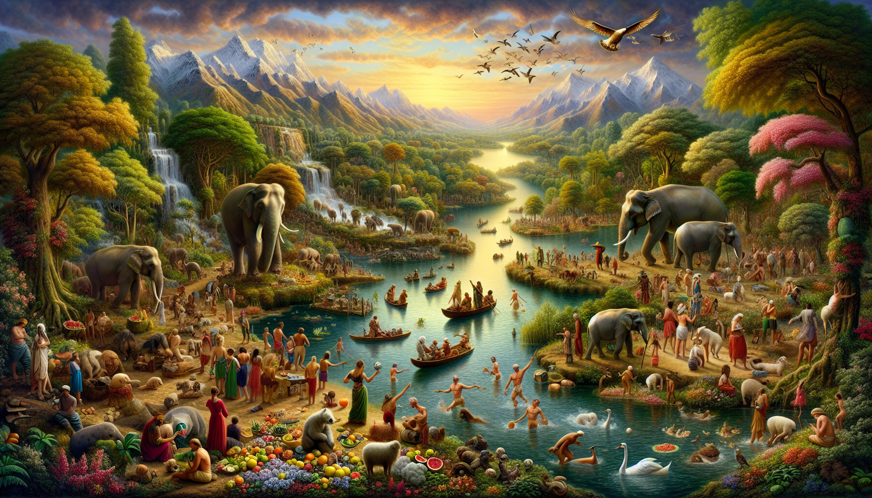 his image depicts a vibrant and colorful landscape bustling with activity. At the first glance, it seems to illustrate a sort of utopian scenery where people and animals coexist peacefully in a lush environment. Starting from the foreground, you can see groups of people engaged in various activities, such as gathering fruits, tending to animals, boating on a river, and enjoying the company of one another in a tranquil setting. The flora is rich and diverse, presenting an abundance of flowering plants, fruit trees, and verdant greenery. Moving to the midground, the river meanders through the valley, with more people and animals along its banks, including elephants and flocks of sheep. The scenery includes trees and plants bearing fruits and flowers, contributing to the feeling of abundance. In the background are picturesque mountains and a soft, glowing sky that might suggest either sunrise or sunset, adding to the idyllic quality of the scene. Birds are flying in the sky, reinforcing the sense of harmony with nature. The style of the artwork has a surreal, almost fantasy-like quality, inviting the viewer to imagine a world where nature's bounty is unlimited and all creatures share the land in a peaceful coexistence. The intricate details and vibrant colors make it a visually engaging piece with many elements to discover upon closer examination