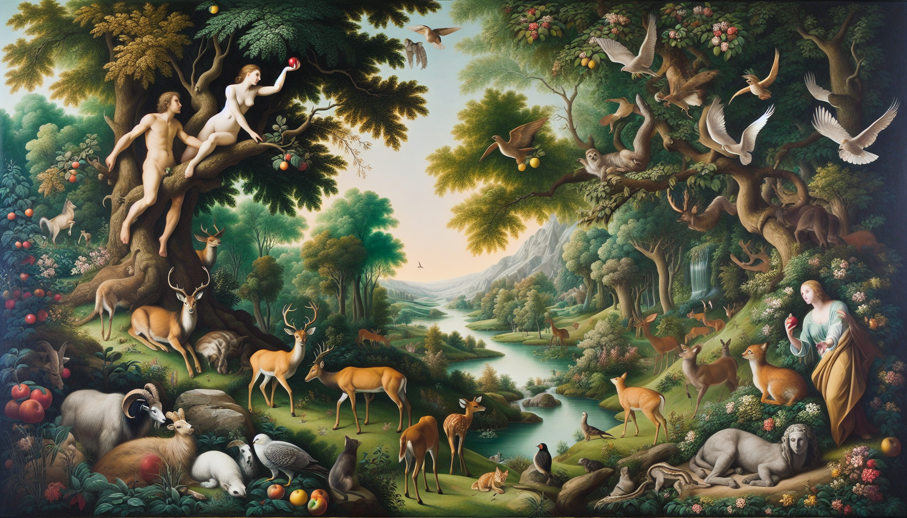The image depicts an idyllic and lush landscape filled with a rich variety of wildlife and trees bearing fruits. The scene is reminiscent of the Garden of Eden narrative, with figures that are likely to represent Adam and Eve. On the left, a man stands at the base of a large tree with a woman positioned above him, reaching out to pluck a fruit, which is traditionally interpreted as an apple. This act symbolizes the biblical story of the Fall of Man, where Eve takes fruit from the Tree of Knowledge and shares it with Adam. In the foreground and throughout the landscape, there are various animals in peaceful coexistence, including deer, sheep, rabbits, birds, and even a dog resting near the bottom right corner. The center of the painting reveals a tranquil river that flows into the distance, flanked by verdant hills and mountains, adding to the serenity and perfection of the setting. The overall composition of the image is rich in color and meticulous detail, illustrating a scene of harmony before the introduction of sin into the world, according to the biblical narrative.