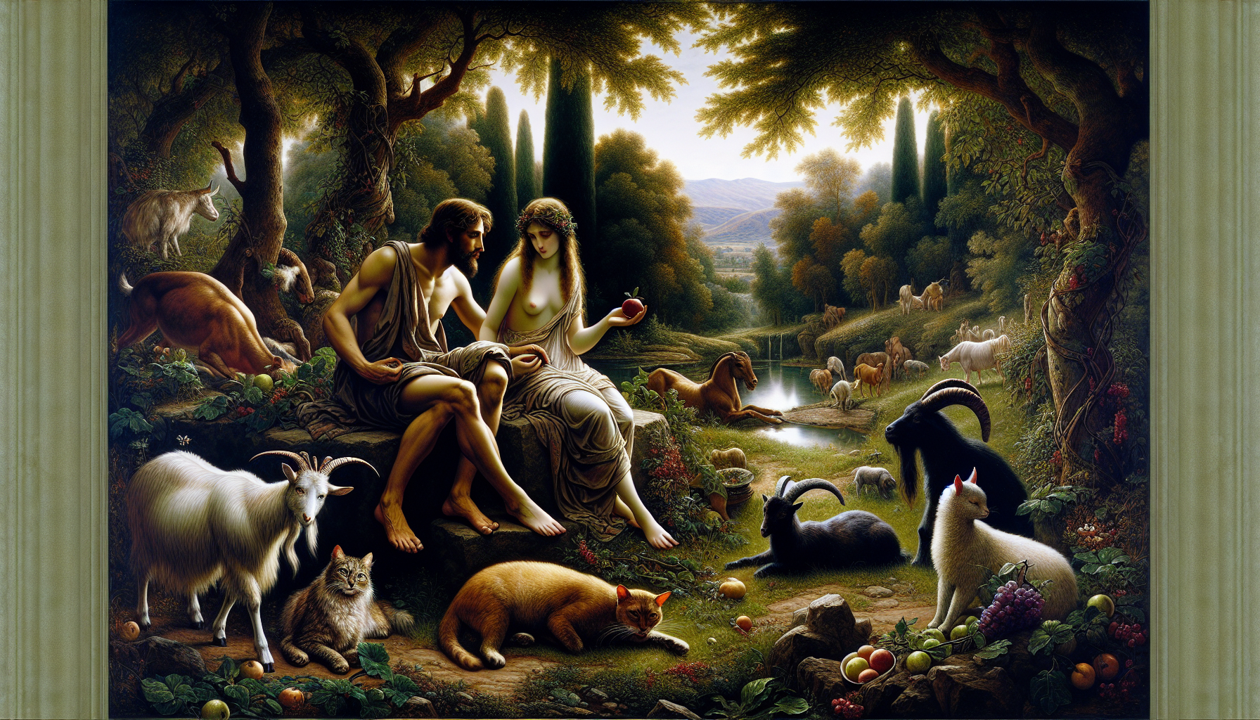 This image is a classic painting depicting two nude figures who are suggesting the biblical characters Adam and Eve from the Christian creation narrative. The two individuals are in a garden setting, which can be inferred as the Garden of Eden, and they are engaging intimately with one another with eye contact and physical touch. The man appears to be holding a fruit, often interpreted as the forbidden fruit, and offering it to the woman. In the foreground, a cat-like animal is lying beside the figures, and in the background, we see more animals, such as a goat and another darker creature, which might symbolize the presence of other living creatures in the Garden of Eden. The setting includes trees, bushes, and a distant landscape that contributes to the serene and idyllic atmosphere typically associated with depictions of Eden. The painting style, the finesse in rendering human anatomy, and attention to detail reflect the techniques of classical European art.