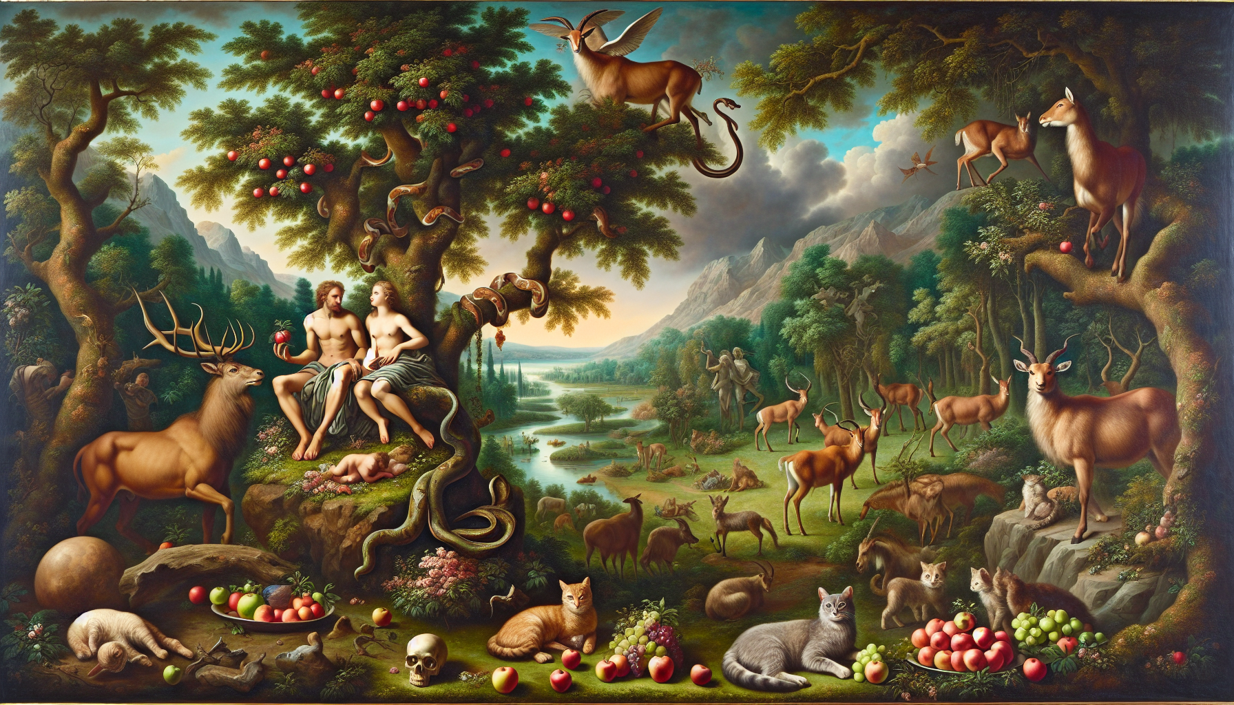 This image depicts a painting of a lush and vibrant paradise scene. At first glance, it appears to be inspired by the biblical Garden of Eden. In the center, there are two figures that resemble Adam and Eve, with Eve reaching for an apple while conversing with Adam. Various animals populate the scene, including deer, antelope, cats, and birds, among others. Some animals are in the trees, such as snakes and a curious goat, emphasizing a sense of harmony between species. The rivers and meadows in the background create a sense of depth and tranquility. The presence of a skull and a sleeping child at the bottom adds a layer of symbolism, possibly alluding to the themes of life, death, and innocence. The meticulous detail in the flora and fauna, the serene landscape, and the classical composition are indicative of traditional Western art styles. This artistic portrayal evokes themes of nature's abundance, the interconnectedness of life forms, and perhaps the consequences of human actions within a paradisiacal context