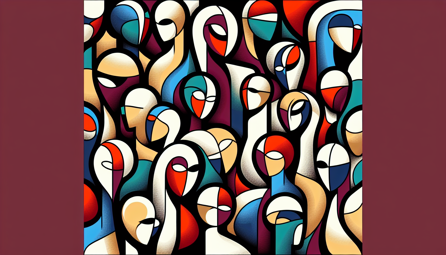 Bold, abstract figures with simplified human-like shapes fill the canvas, rendered in vibrant reds, blues, purples, and browns, outlined in black. The figures lack detailed facial features but have white spaces suggesting eyes and mouths, contributing to a crowded, colorful scene.