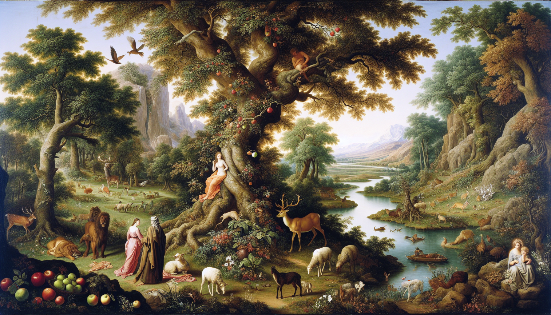 You've shared an image of an idyllic painting that depicts a pastoral scene. The painting is rich in detail and features a variety of animals and humans in harmony with nature, which is a common theme in many classical and romantic artworks. The harmony portrayed often represents a utopian world or the Garden of Eden, exemplified by the peace and tranquility between all creatures and elements within the scene. In the center, two large trees dominate the landscape, with various types of fruit and people interacting around and in them. Surrounding these central elements, you can observe: A diverse range of animals including deer, lions, cows, sheep, and birds, living peacefully alongside each other; People in historical or classical attire that could suggest a setting from antiquity or an imagined past; In the foreground, an abundant display of fruits and vegetables, suggesting fertility and plenty; Various landscapes in the background with mountains, rivers, forests, and a calm lake, which contribute to the serene atmosphere; Scenes of human activity, such as a person in a rowboat on the water, people conversing, and a woman holding a child. The overall composition creates a sense of balance and harmony, inviting viewers to contemplate the beauty and serenity of the natural world and how humans might exist within it. The painting could be interpreted in several ways, depending on the context, the artist's intentions, and viewers' perspectives.