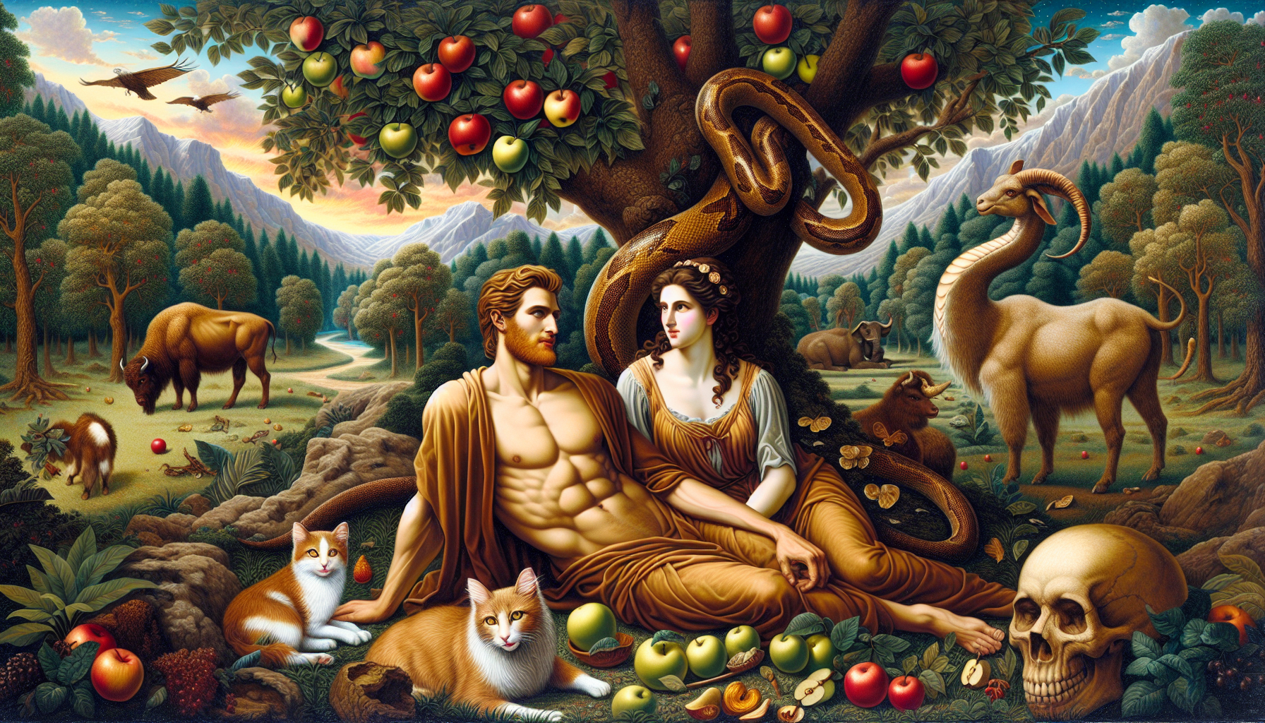 The image depicts a fantastical scene heavily inspired by the Garden of Eden narrative. In the center, there are two human figures resembling classical representations of Adam and Eve, reclining under a tree. A serpent wraps around the bough of the tree, which is laden with apples, suggesting the temptation scene from the Biblical story. Various animals populate the scene, including a bison to the left, an antelope, and even a mythological-looking creature that blends characteristics of different animals, such as an antelope and a goat. In the foreground, two cats rest near an assortment of fruits. A human skull rests amidst the foliage at the bottom of the image, possibly symbolizing mortality or the consequences of the fall of man. The background features a lush landscape with trees, a river, and mountains under a sunset or sunrise sky. Birds are flying in the sky, and there's an idyllic atmosphere to the scene despite the presence of the skull. This image blends elements of nature with allegorical and mythological implications.