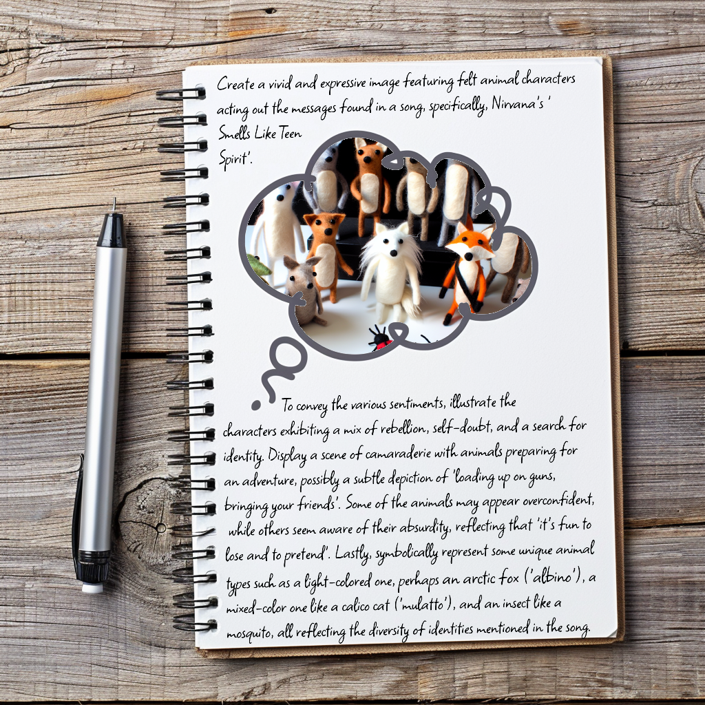 A notebook with a paragraph inspired by Smells Like Teen Sprit, and an image of an albino fox