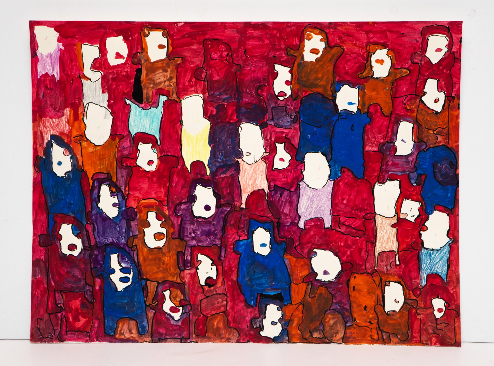 Bold, abstract figures with simplified human-like shapes fill the canvas, rendered in vibrant reds, blues, purples, and browns, outlined in black. The figures lack detailed facial features but have white spaces suggesting eyes and mouths, contributing to a crowded, colorful scene.
