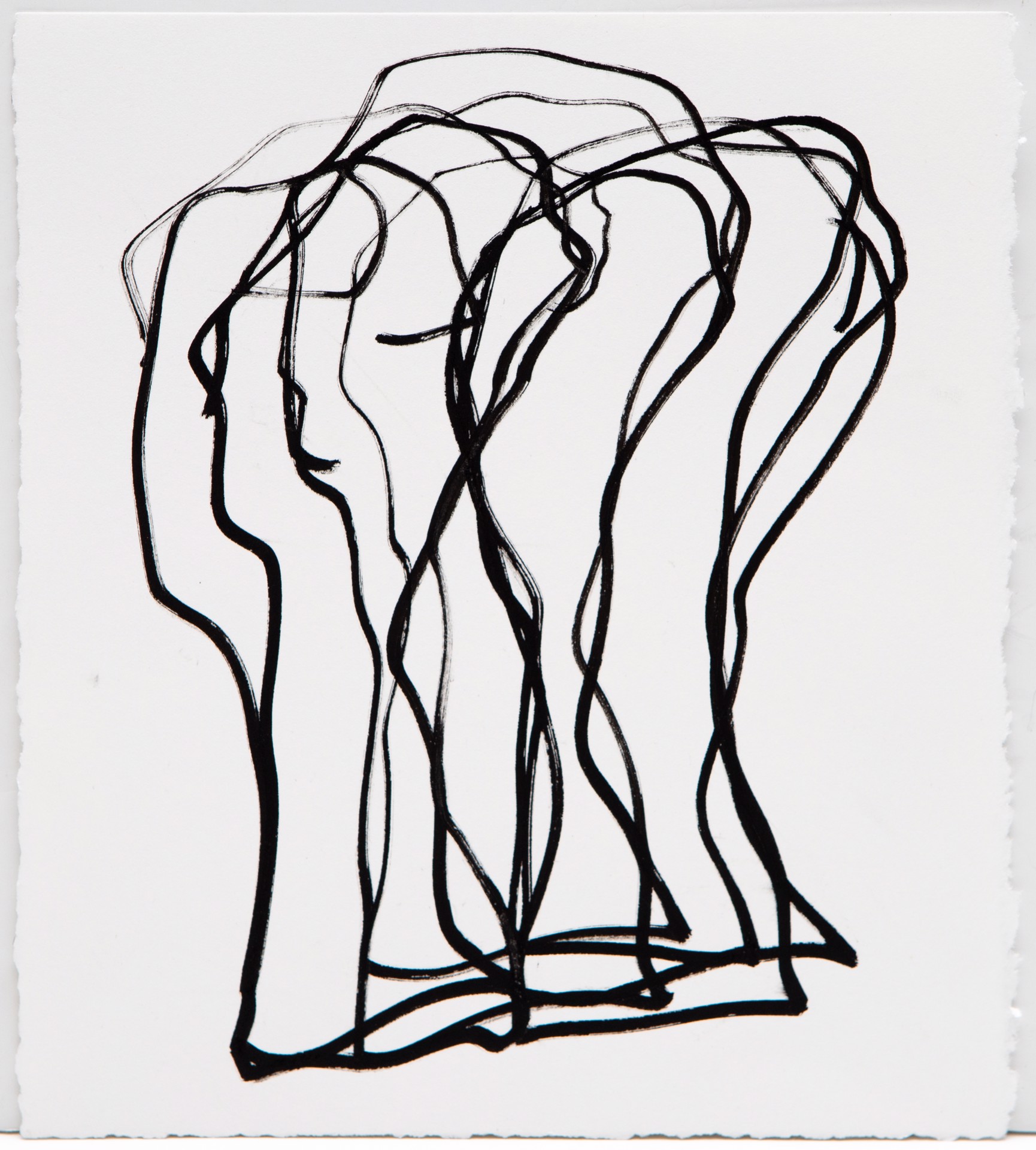 In black ink on a white background, a series of intertwined, flowing lines creates an abstract form reminiscent of trees or dancing figures. The composition is characterized by a sense of movement and fluidity, with the lines varying in thickness as they loop and curve.