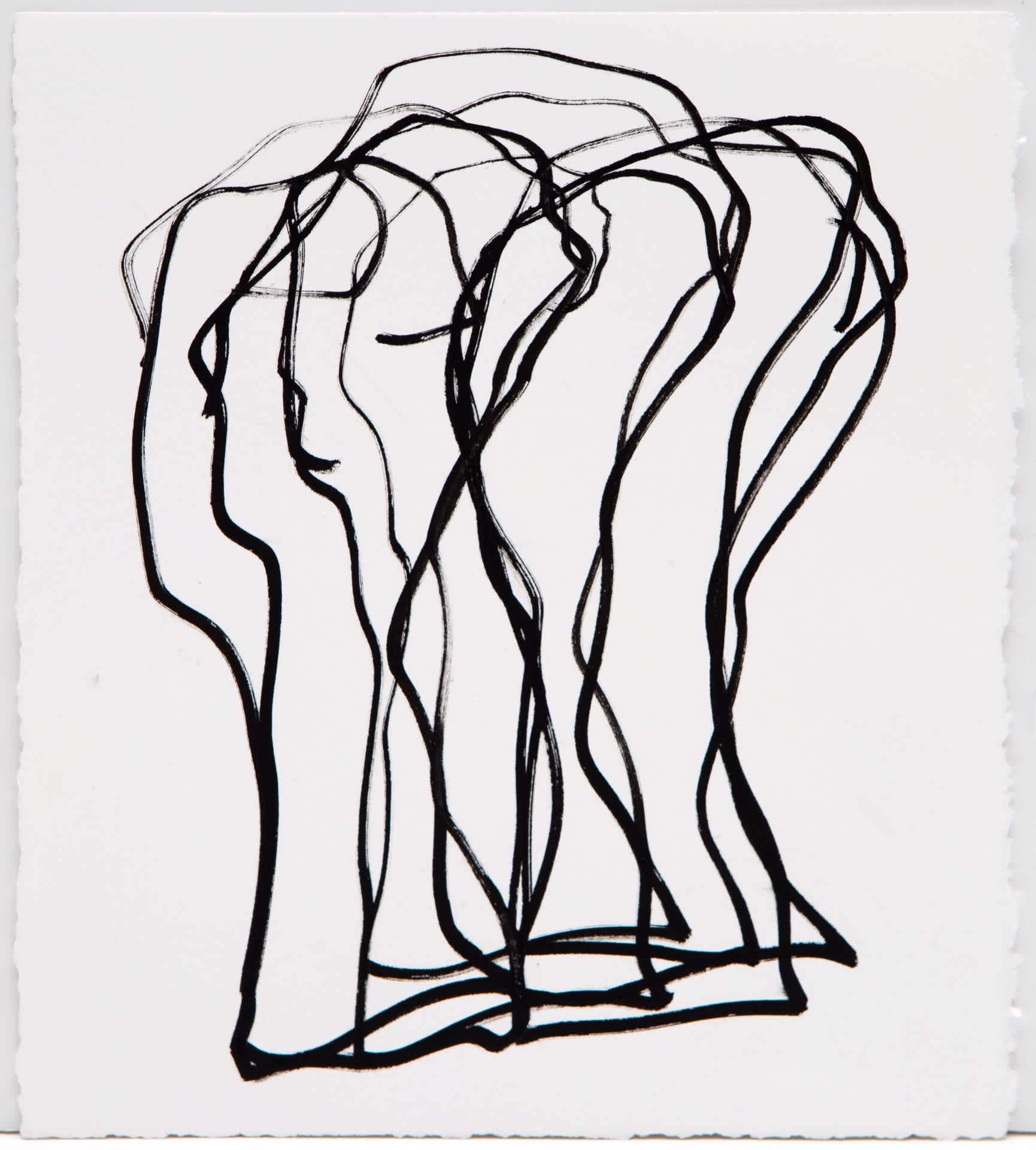 In black ink on a white background, a series of intertwined, flowing lines creates an abstract form reminiscent of trees or dancing figures. The composition is characterized by a sense of movement and fluidity, with the lines varying in thickness as they loop and curve.