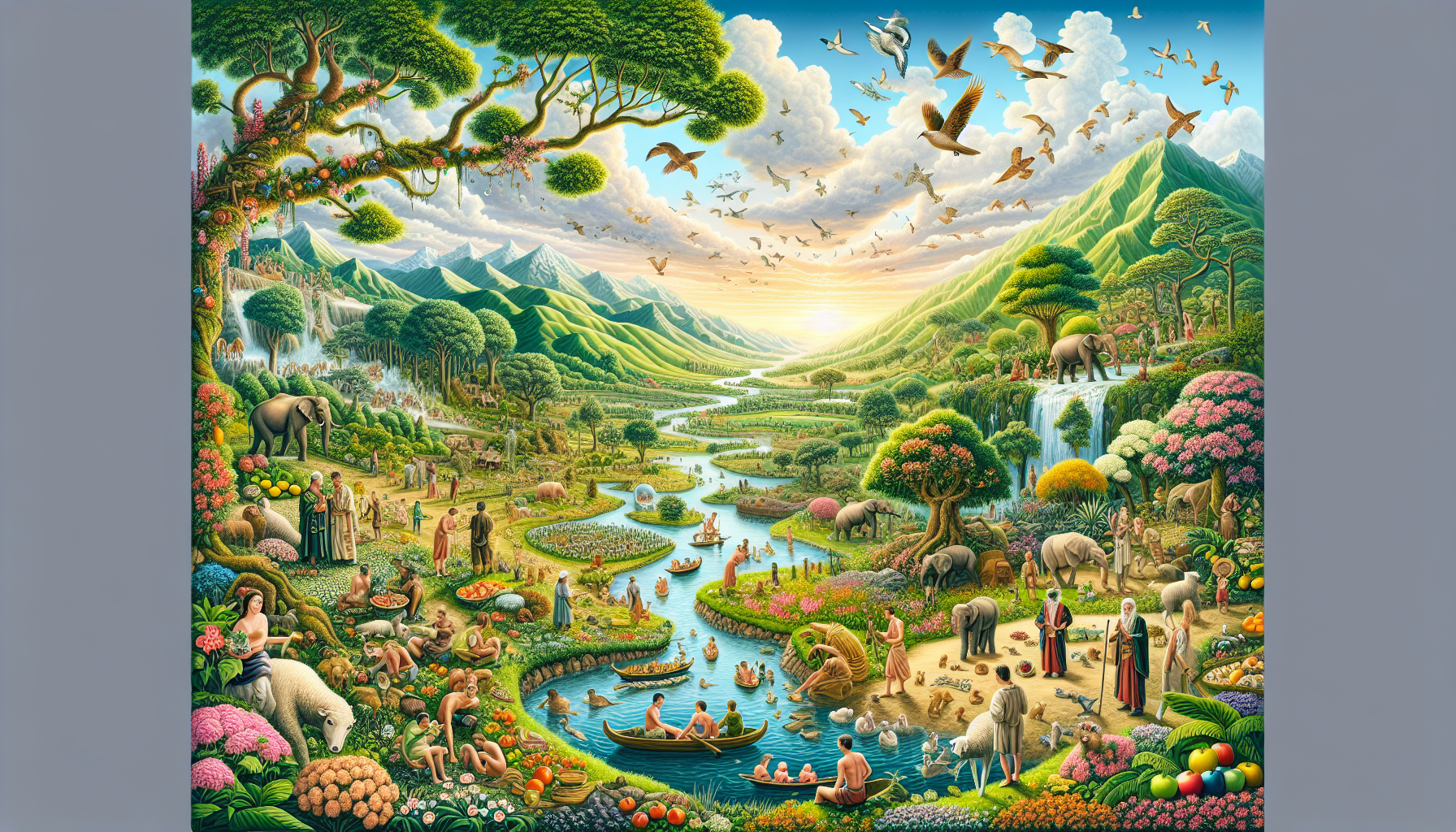 This image depicts a serene and vibrant scene that appears to be an artistic representation of an idyllic landscape similar to the concept of paradise or the Garden of Eden. Here are some elements observed in the picture: 1. Human Figures: The image contains multiple people dressed in colorful, ancient-looking robes. They are engaged in various activities like sitting, standing, conversing, or handling fruits, and are positioned throughout the landscape; 2. Animals: A wide variety of animals are peacefully coexisting in this scene. They include sheep, goats, leopards, and other creatures both on land and in the water; 3. Landscape: The backdrop consists of a picturesque landscape with large, towering mountains, lush greenery, blooming flowers, and trees. A river meanders through the valley, enhancing the tranquil setting; 4. Flora: There is an abundance of plant life, featuring colorful flowers, fruit trees, and green shrubs; 5. Fruit and Foliage: The foreground prominently displays an assortment of fruits such as apples, grapes, pomegranates, and berries -- symbolizing abundance and fertility; 6. Water Activities: People are depicted in boats, enjoying the serene waterways that guide through the landscape; 7. Birds: A flock of birds is seen flying in the sky, adding to the sense of freedom and tranquility. The overall feel of the image is harmonious and utopian, likely intended to evoke a sense of peace, bounty, and coexistence between humans, animals, and nature.