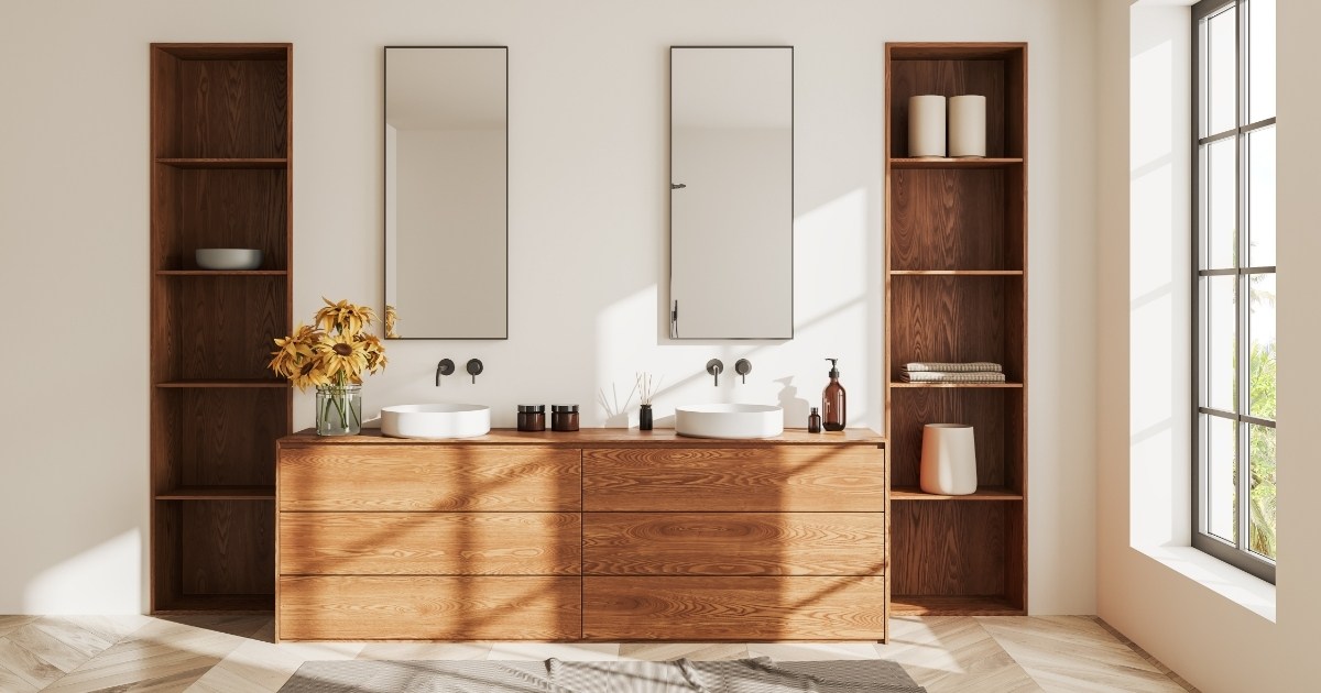 White bathroom interior with double sink and wooden bathroom vanity
