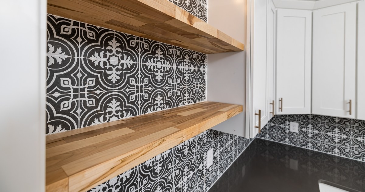 Empty Shelves near kitchen cabinets