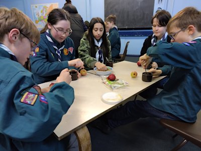 The Scouts are cutting the cores out of apples and making peanut butter & seed feeders for The Big Garden Birdwatch.