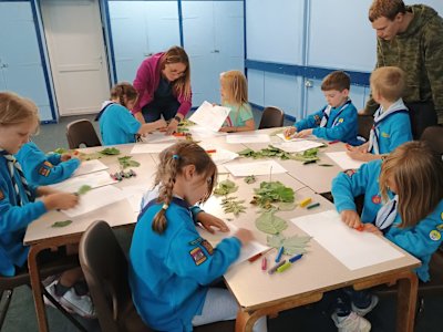 8 Beaver Scouts are sat around a cluster of tables, which are covered in leaves, sheets of paper and thick crayons. The Beavers are busy making leaf rubbings. They are being assisted by an adult and a teenager.