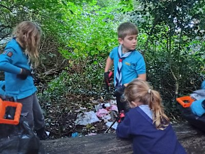 Two Beavers are collecting soaked and torn school notebooks and papers next to a large log in a woodland. Another Beaver reaches over the log with her litter picker to collect some of the rubbish. Two partially full bags are resting on top of the log for the Beavers to continue filling.