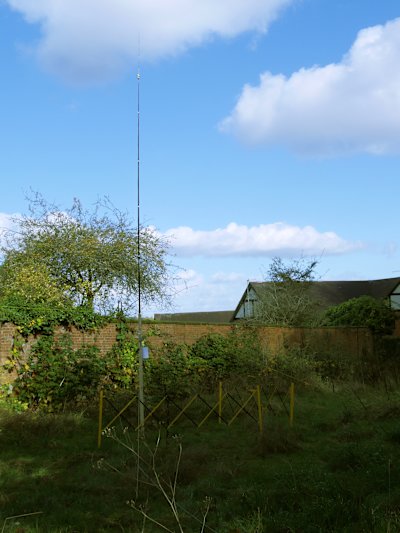 The temporary radio antenna built in the back of the Scout hut.