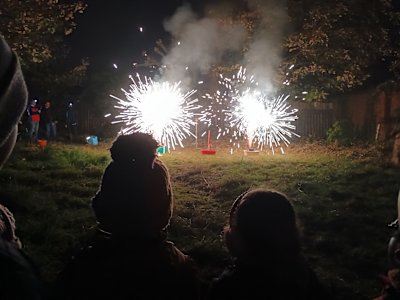 Beavers and a Scout watch as a duo of fountains sparkle brightly. 