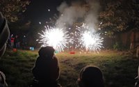 Beavers and a Scout watch as a duo of fountains sparkle brightly.