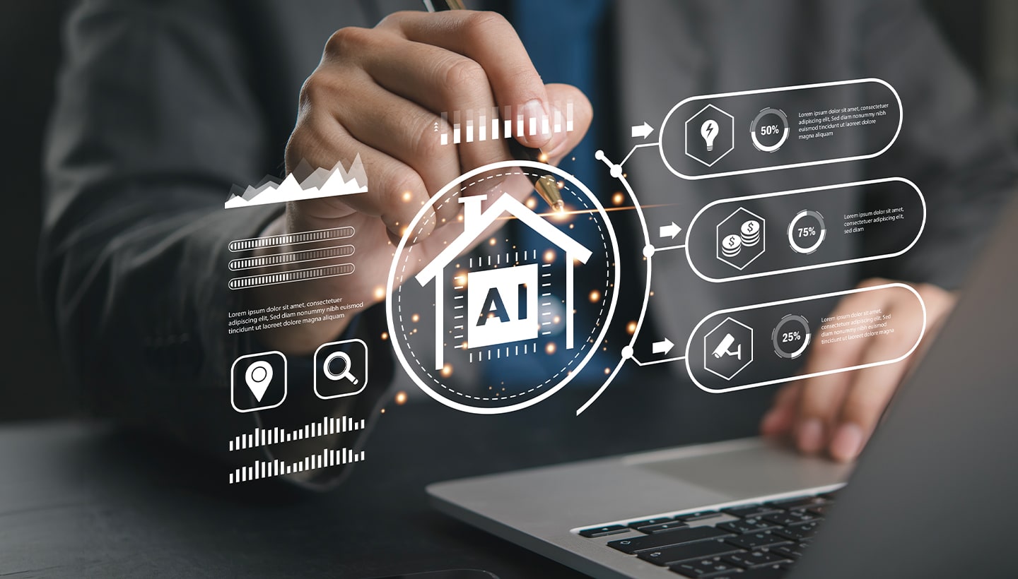 Person using a laptop and stylus with a digital AI-and-real-estate interface overlay featuring a house icon, charts, search icons, and workflow graphics.