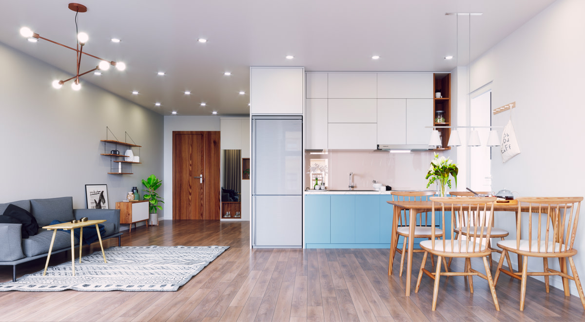 A look inside. A living room, kitchen, and dining room.