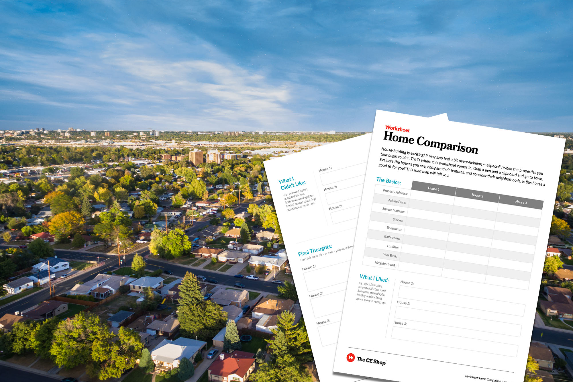 Aerial neighborhood view with The CE Shop’s house-hunting checklist resource overlaid on a suburban neighborhood backdrop
