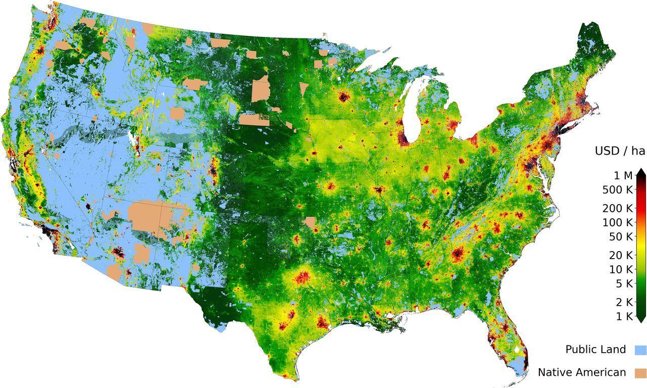 Graphic of the United States showing areas of public land as well as areas of Native American land.