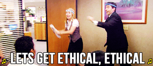 Gif of two characters from The Office TV Show dancing with bandanas on their heads and the caption "Lets get ethical, ethical".