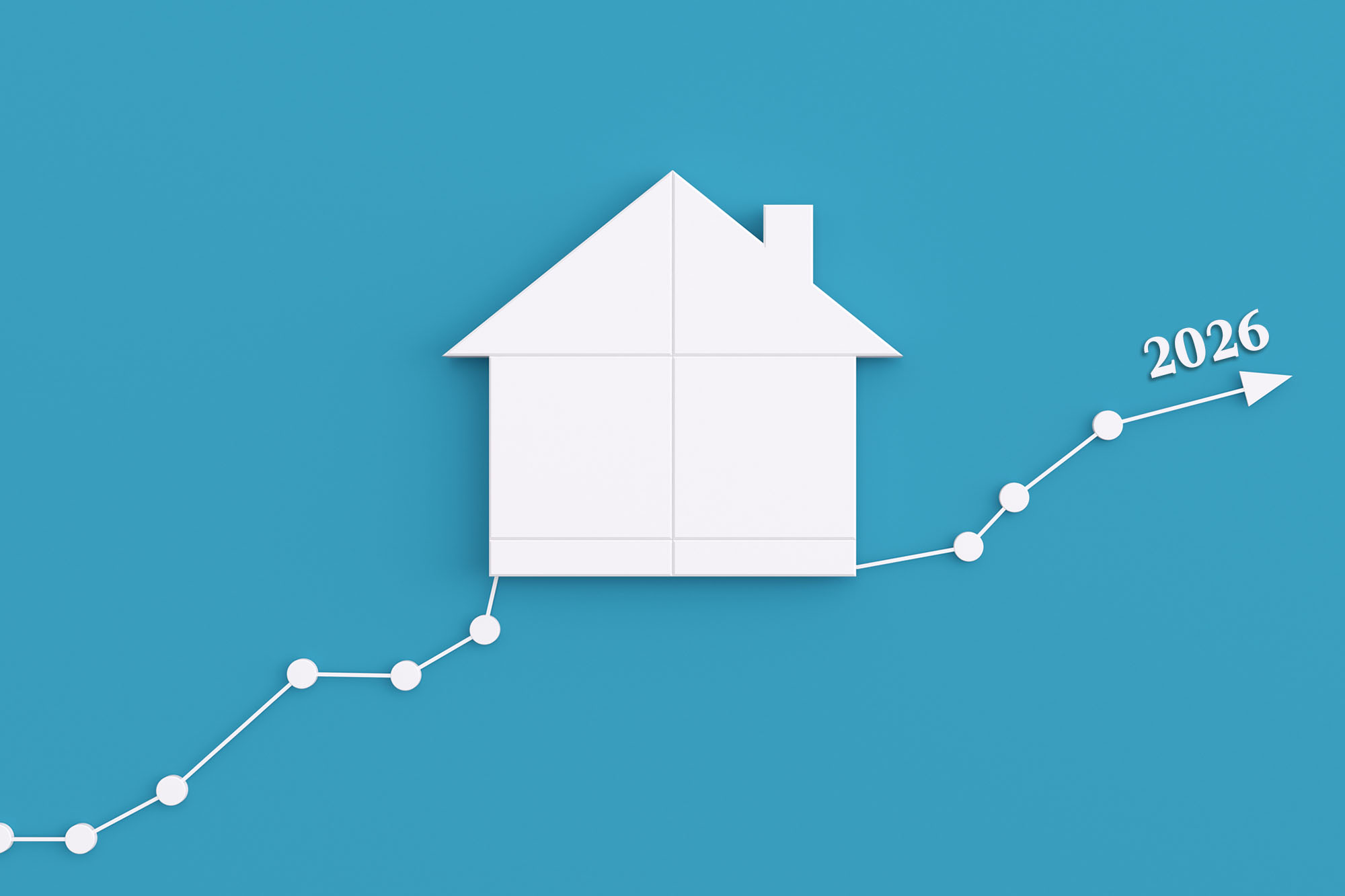 A graphic of a house with an arrow going up and to the right