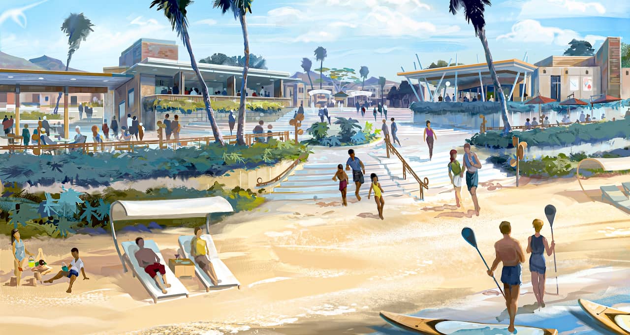 Computer-generated illustration of a shopping and restaurant center located on a small beach with people all around.