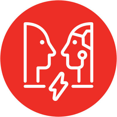 A graphic illustration showing a human facing an AI bot with an electric bolt in between