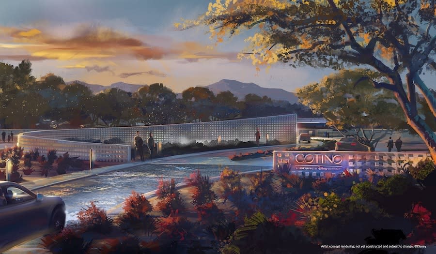 Computer-generated illustration of the Cotino entrance with people walking on the sidewalks and cars on the road.