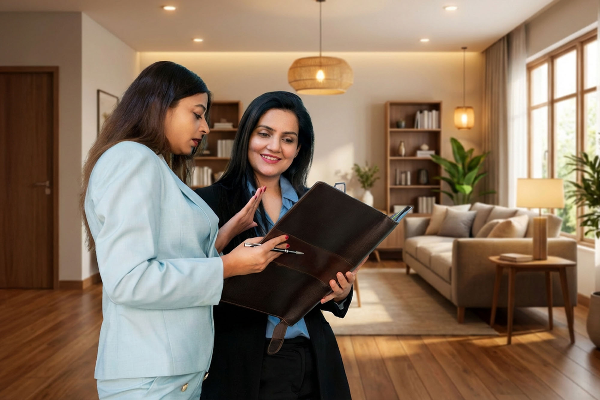 Aspiring real estate professional shadowing an experienced agent as they review documents inside a modern home.