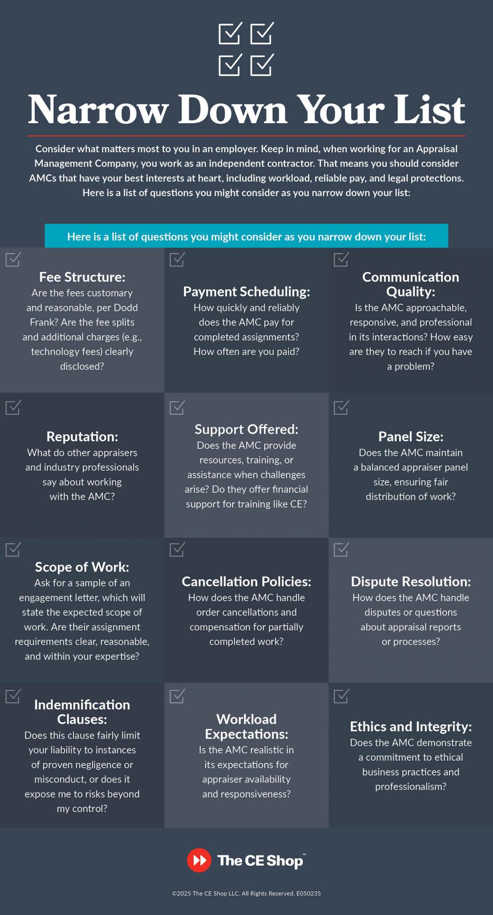 A chart with suggestions for how to select the best AMC for you to work for as an appraiser