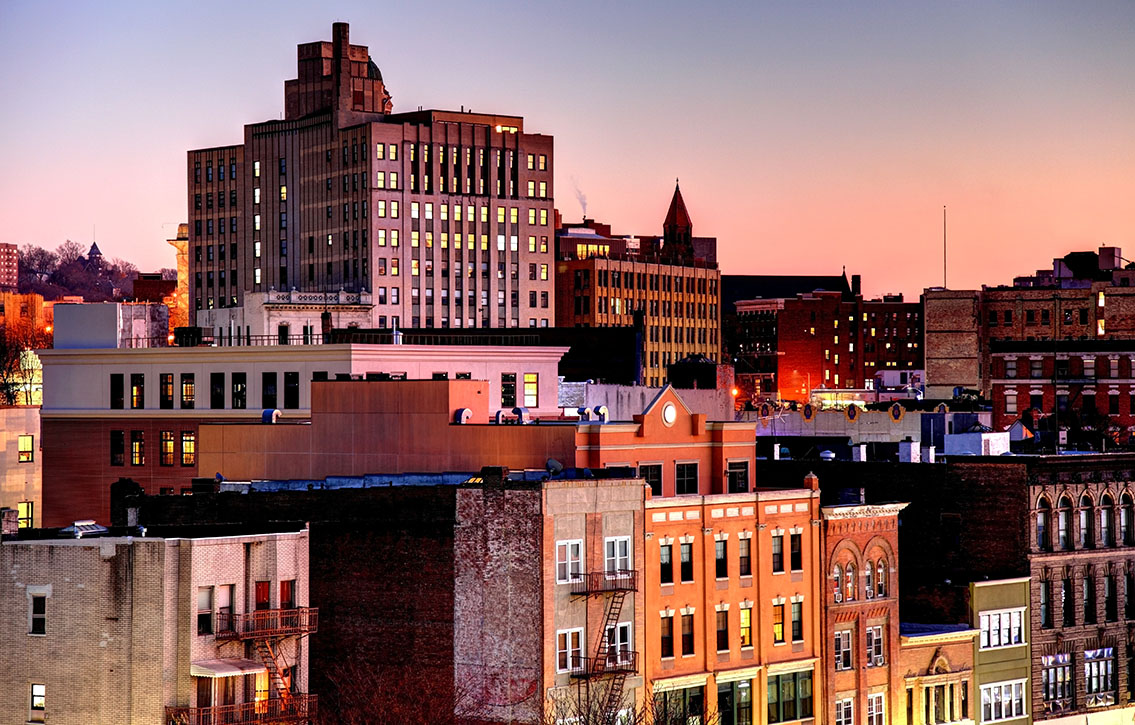 City buildings at sunset.