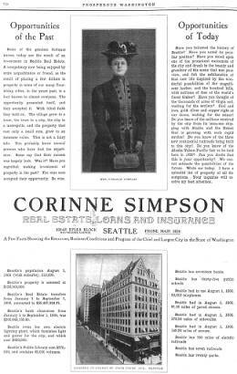 Black and white newspaper image of Corrine Simpson with real estate headline and text.