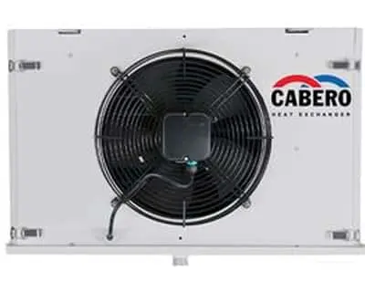 White air defrost evaporator unit with black circular fan and Cabero logo in red and blue on upper right corner.