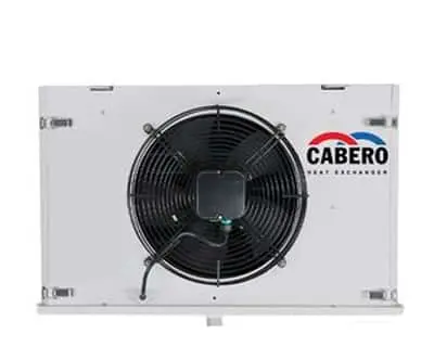 White rectangular evaporator unit with large black circular fan in center and Cabero logo on right side.