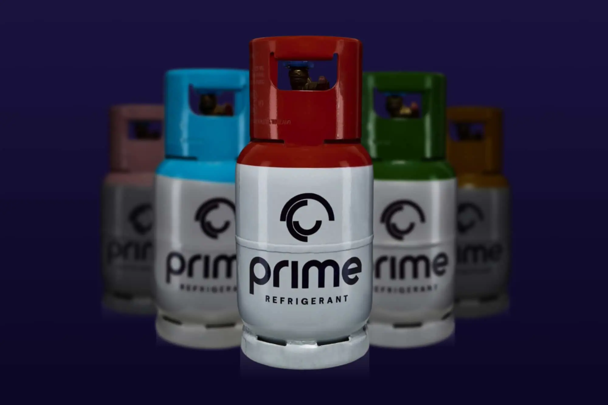 Five Prime Refrigerant cylinders with red, blue, green, and yellow caps arranged against a dark blue background.