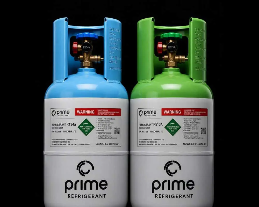 Two Prime refrigerant gas cylinders, one with a blue top and one with a green top, on a black background.