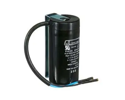 Black cylindrical capacitor with two wires attached and white text label on the side.
