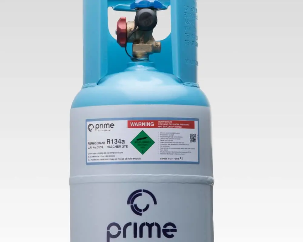 Blue refrigerant gas cylinder with Prime Refrigerant branding and R134a warning label on white background