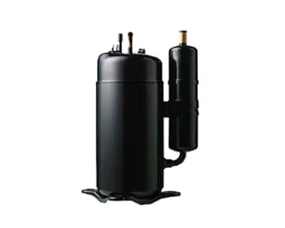 Black cylindrical compressor unit with attached smaller cylinder and metal base on white background