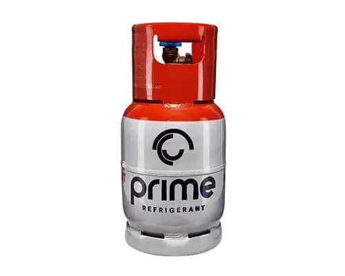 Silver and red refrigerant gas cylinder with Prime branding and blue valve on top