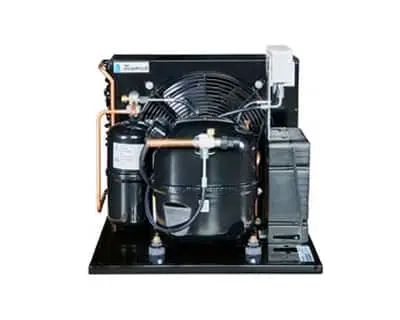Refrigeration condensing unit with black compressor, copper tubing, cooling fan, and mounted on black base plate.