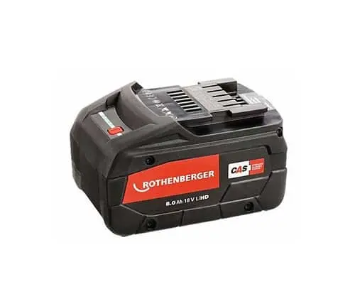 Black and gray Rothenberger 18V lithium-ion battery pack with orange label and ventilation slots on top
