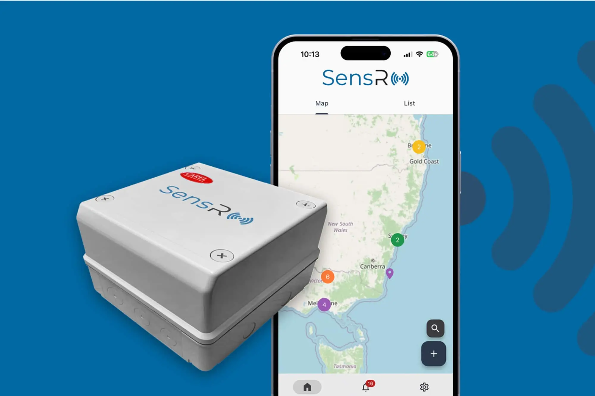 White SensR tracking device next to smartphone displaying map of Australia with location markers on blue background
