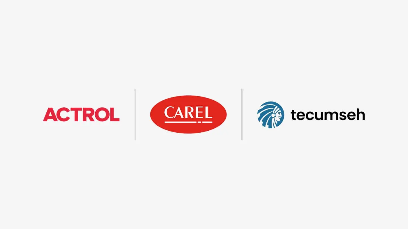 Three company logos in a row: ACTROL in red, CAREL in a red oval, and Tecumseh with a blue Native American icon.