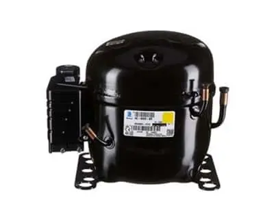Black refrigeration compressor with electrical components and mounting feet on white background.